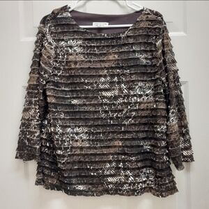 Coldwater Creek Ruffle Tiered Blouse XL 18 Brown Animal Print Boho Textured